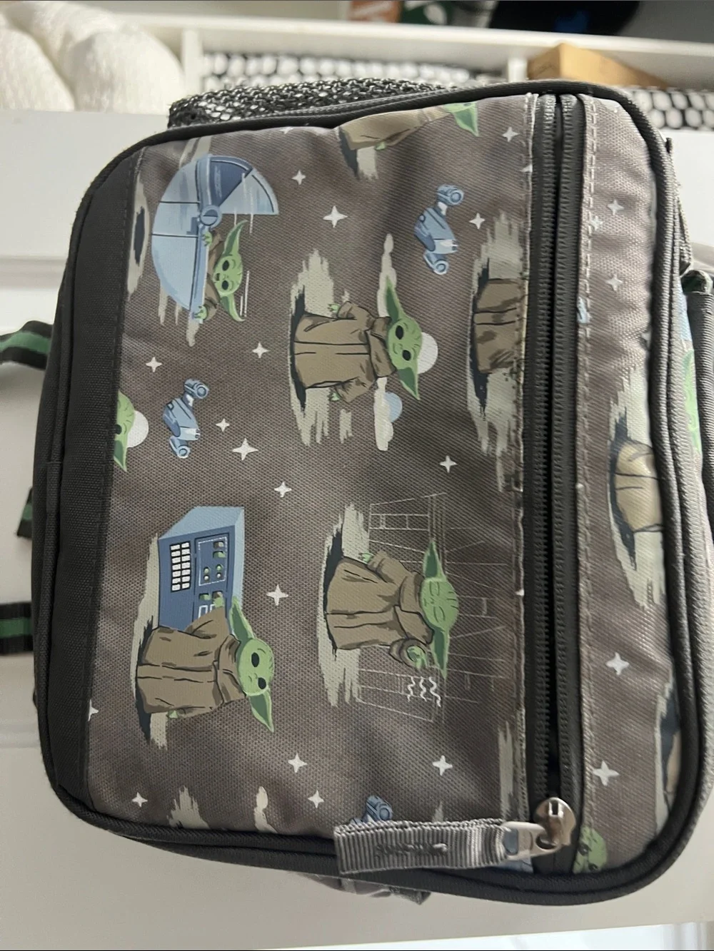 Pottery Barn Kids Gray Grogu-Themed Backpack with Green Accents